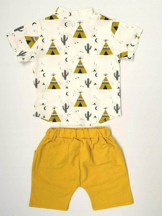 Boys Teepee Tent Cactus Print Shirt and Shorts Set - MARIGOLD