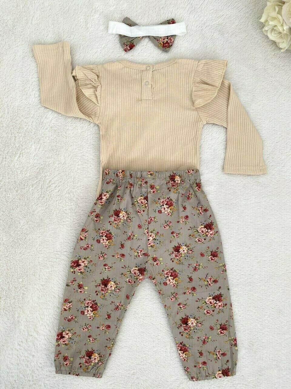Baby Clothing Size 9-12 months Beige Bodysuit Olive Floral Pant & Headband Set - MARIGOLD