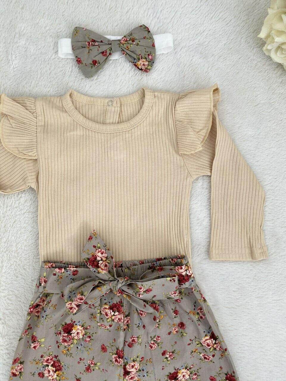 Baby Clothing Size 9-12 months Beige Bodysuit Olive Floral Pant & Headband Set - MARIGOLD