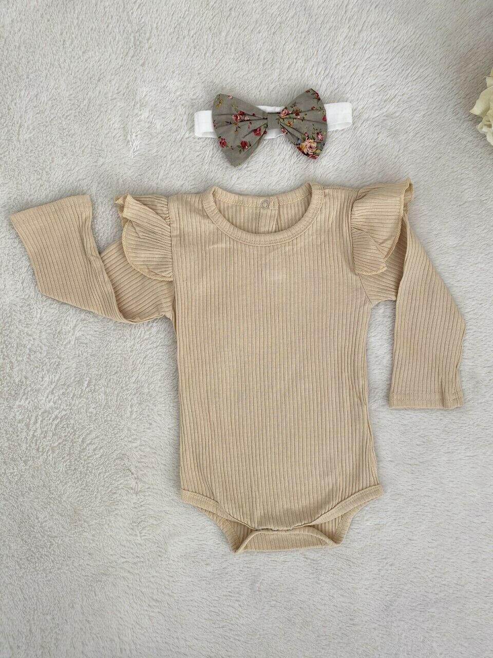 Baby Clothing Size 9-12 months Beige Bodysuit Olive Floral Pant & Headband Set - MARIGOLD