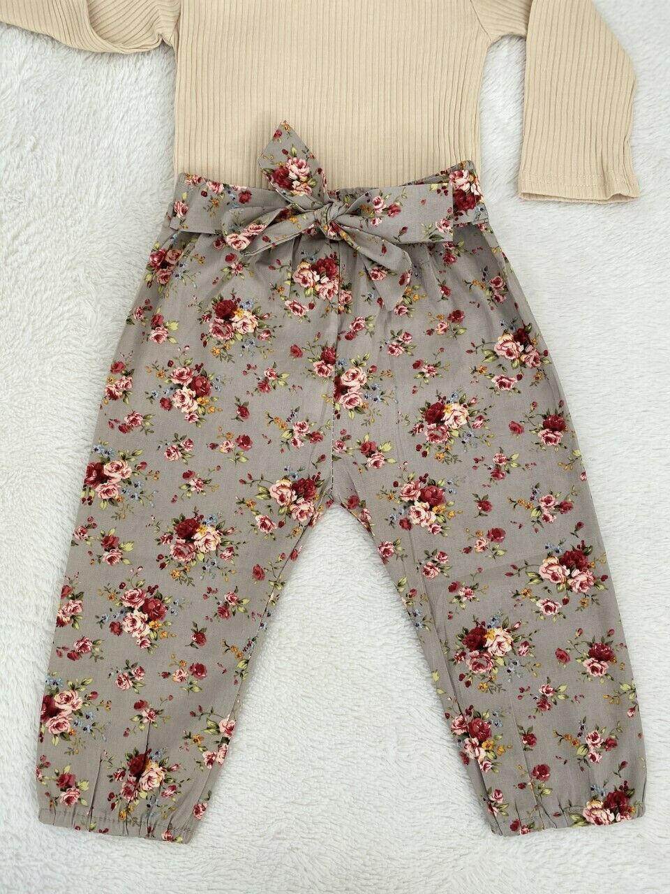 Baby Clothing Size 9-12 months Beige Bodysuit Olive Floral Pant & Headband Set - MARIGOLD