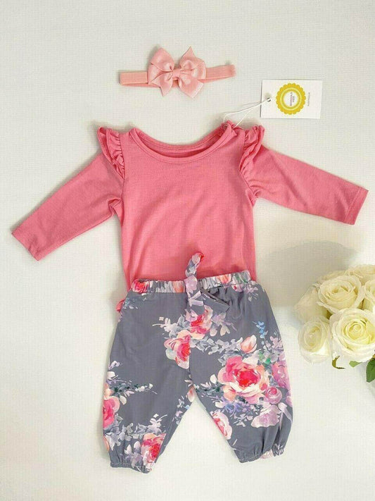 Baby girls outfit pink bodysuit floral pants and headband set - MARIGOLD