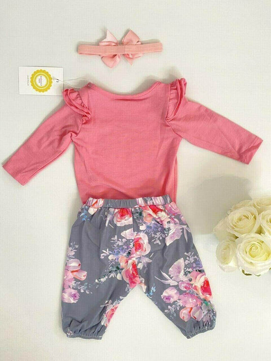 Baby girls outfit pink bodysuit floral pants and headband set - MARIGOLD