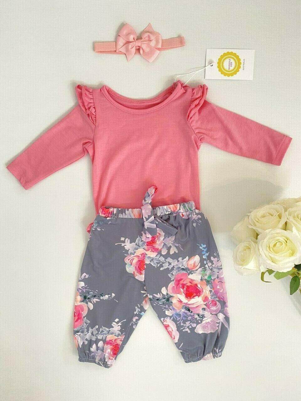 Baby girls outfit pink bodysuit floral pants and headband set - MARIGOLD