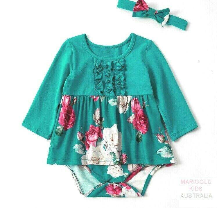 Girls Dress Size 12-18 months Toddler Girls Green Floral Dress and Headband Set - MARIGOLD