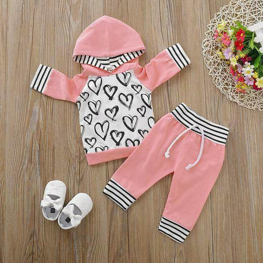 New Size 0-3 Months Baby Girls Outfit - 2-Piece Heart Pink Hoodie and Pant Set - MARIGOLD