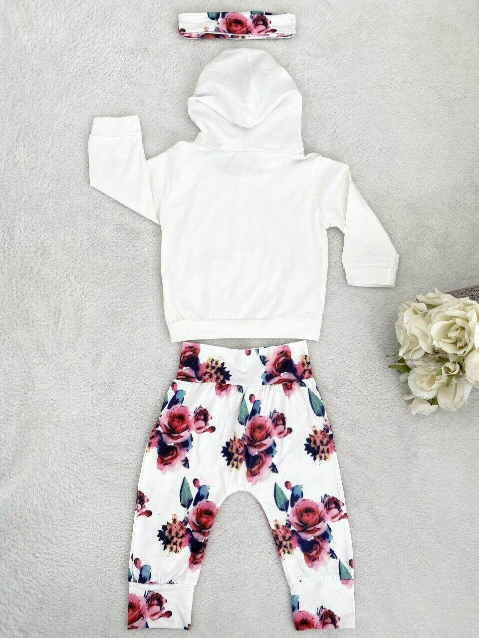 size 6-9 months baby girls outfit new white & rose hoodie, pants & headband set - MARIGOLD