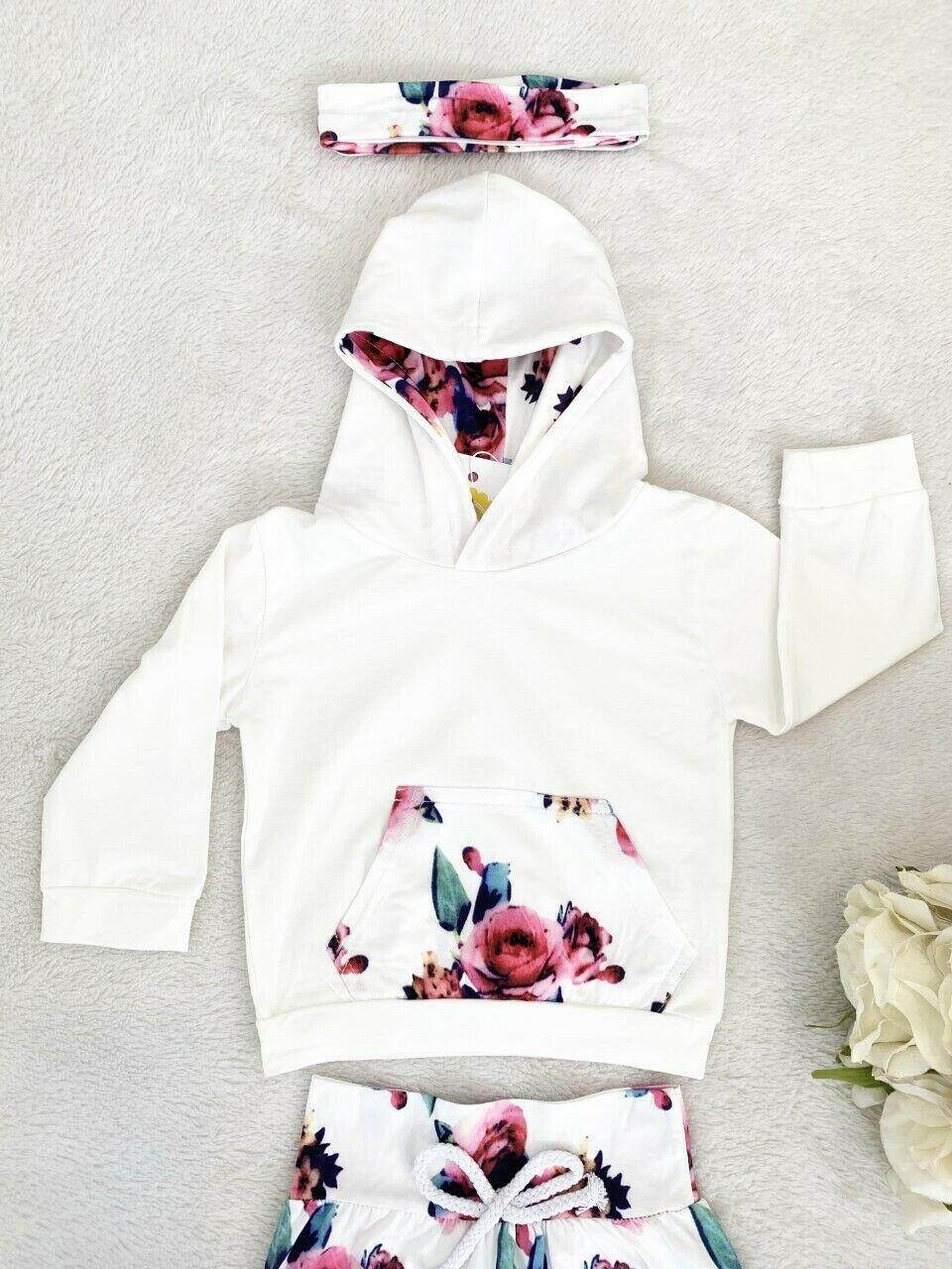 size 6-9 months baby girls outfit new white & rose hoodie, pants & headband set - MARIGOLD