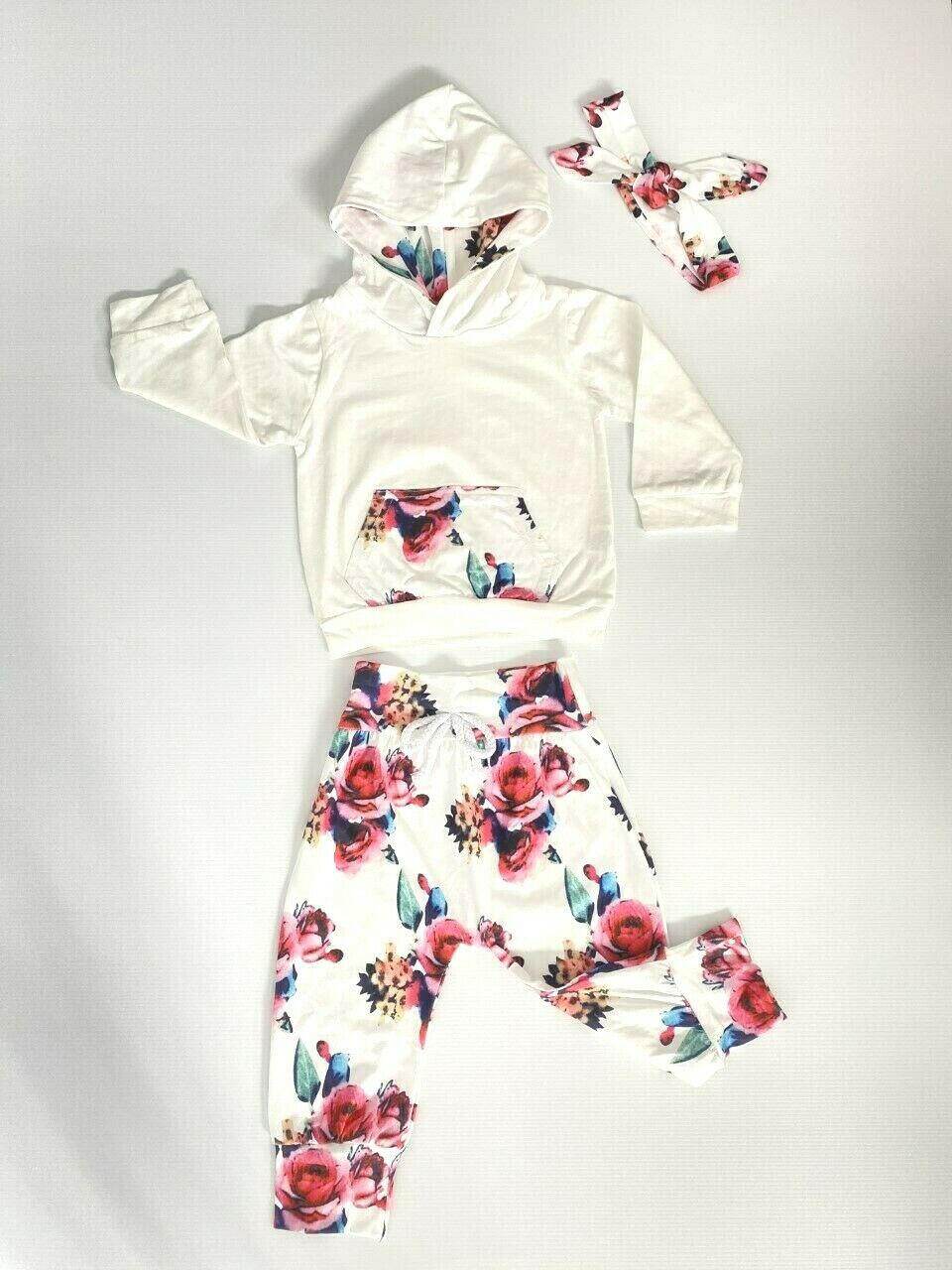 size 6-9 months baby girls outfit new white & rose hoodie, pants & headband set - MARIGOLD