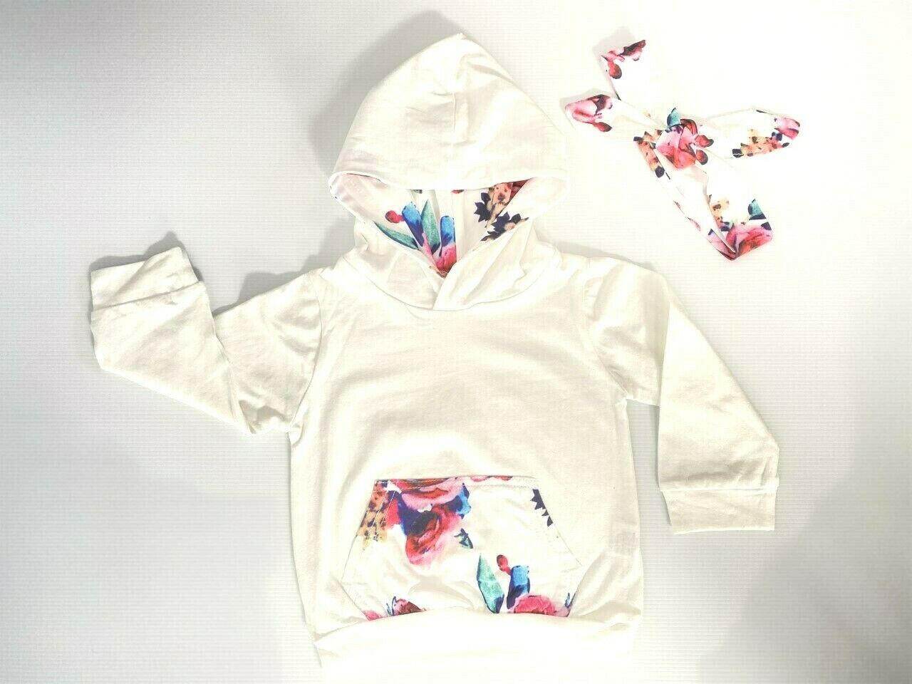 size 6-9 months baby girls outfit new white & rose hoodie, pants & headband set - MARIGOLD