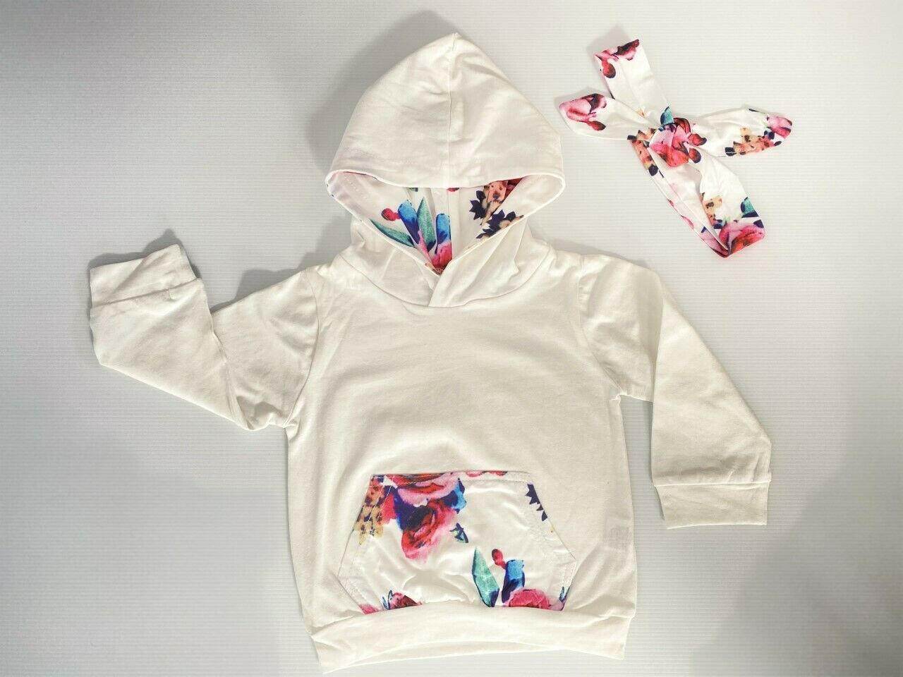 size 9-12 months baby girls outfit new white & rose hoodie, pants & headband set - MARIGOLD