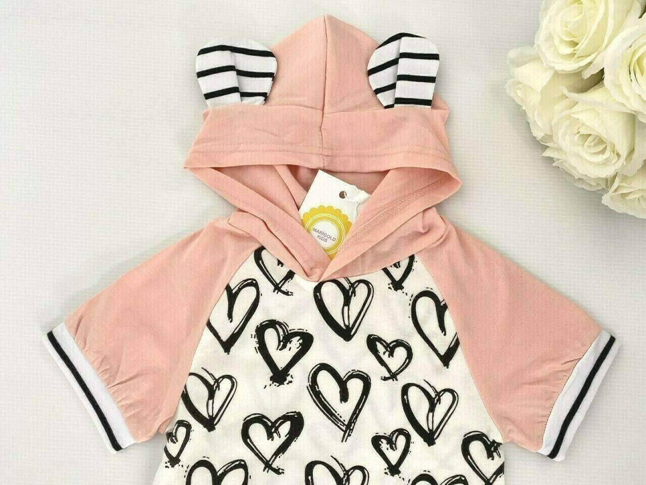 Heart Hooded Baby Girl Romper - Pink and White - MARIGOLD
