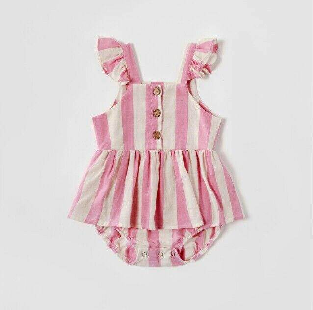 Baby Girls Pink Stripe Flutter Sleeve Bodysuit Dress - MARIGOLD