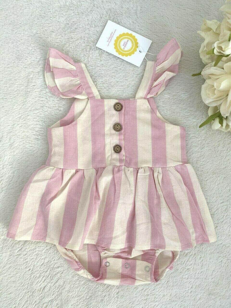 Baby Girls Pink Stripe Flutter Sleeve Bodysuit Dress - MARIGOLD