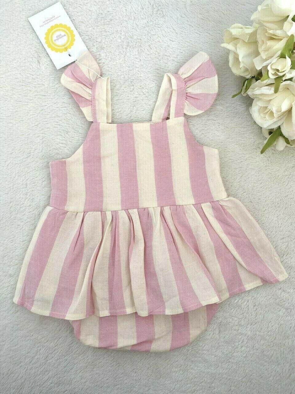 Baby Girls Pink Stripe Flutter Sleeve Bodysuit Dress - MARIGOLD