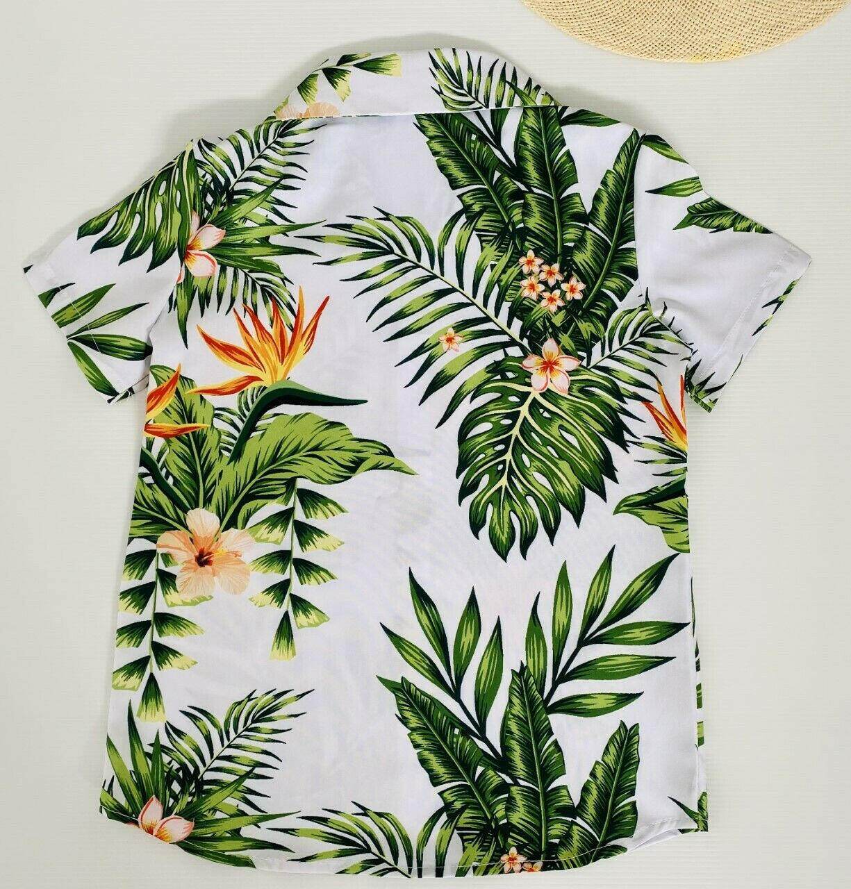 4-5 years new boys shirt green palm & tropical flower print shirt - MARIGOLD