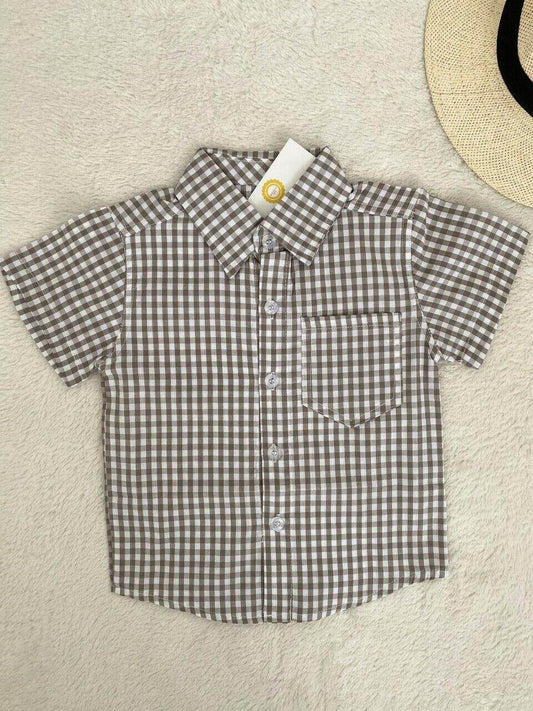 NEW Size 12 months Size 1 Toddler Boys Cute Brown Check Shirt & Beige Pants Set - MARIGOLD