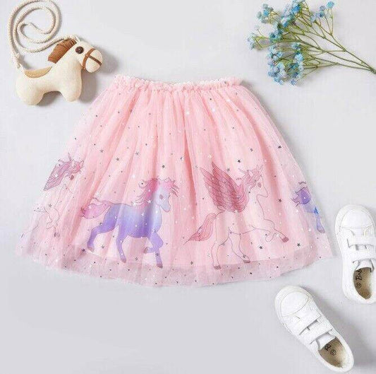 Girls Pink Unicorn Silver Star and Moon Tulle Skirt - MARIGOLD