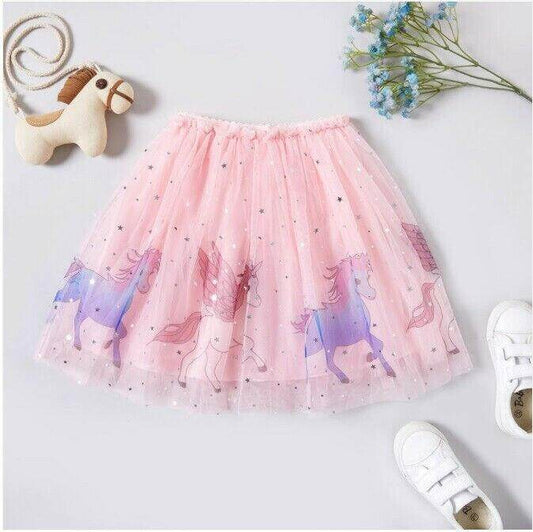 Girls Pink Unicorn Silver Star and Moon Tulle Skirt - MARIGOLD