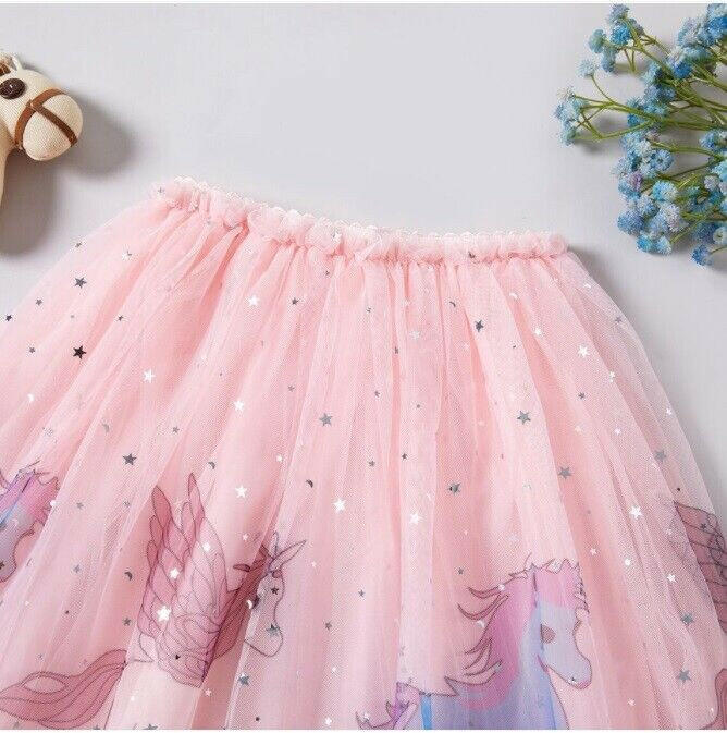 Girls Pink Unicorn Silver Star and Moon Tulle Skirt - MARIGOLD