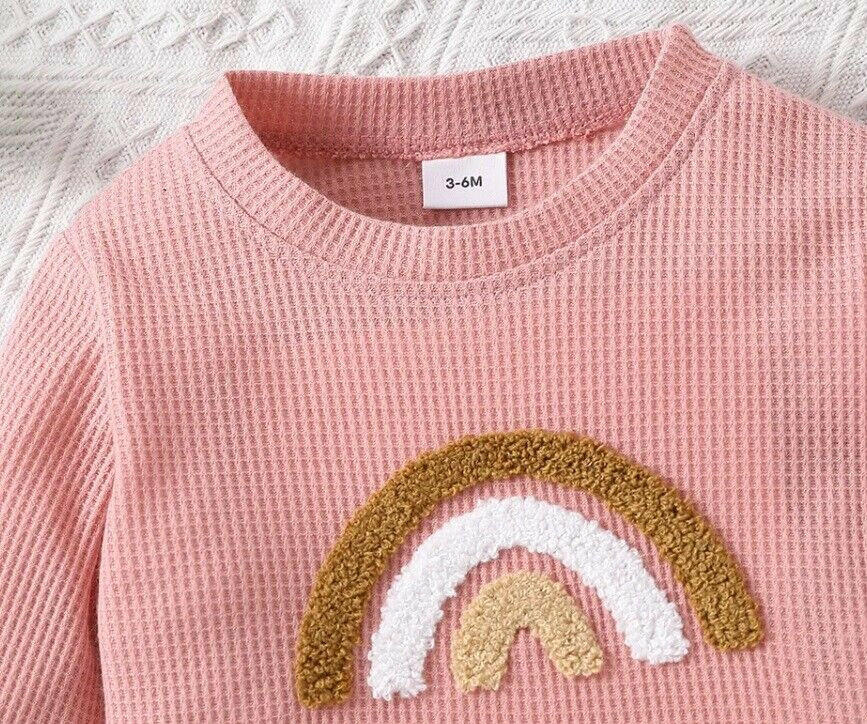 Baby and Toddler Girls Blush Pink Waffle Rainbow Long Sleeve Top - MARIGOLD