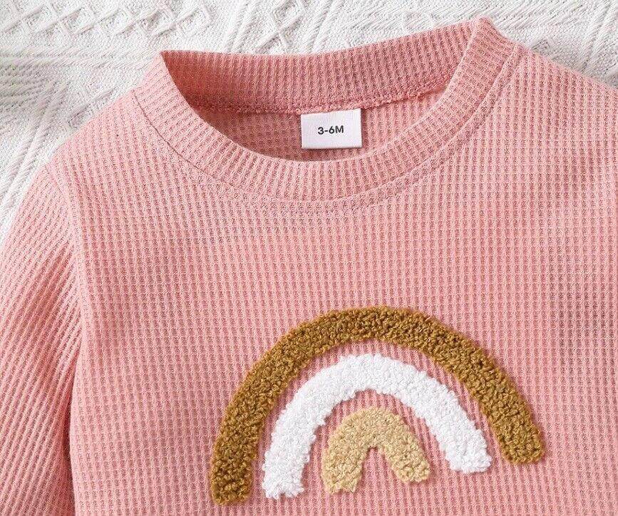 Baby and Toddler Girls Blush Pink Waffle Rainbow Long Sleeve Top - MARIGOLD