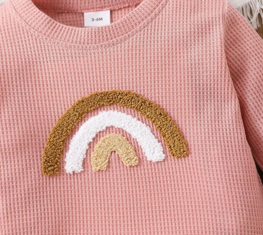 Baby and Toddler Girls Blush Pink Waffle Rainbow Long Sleeve Top - MARIGOLD