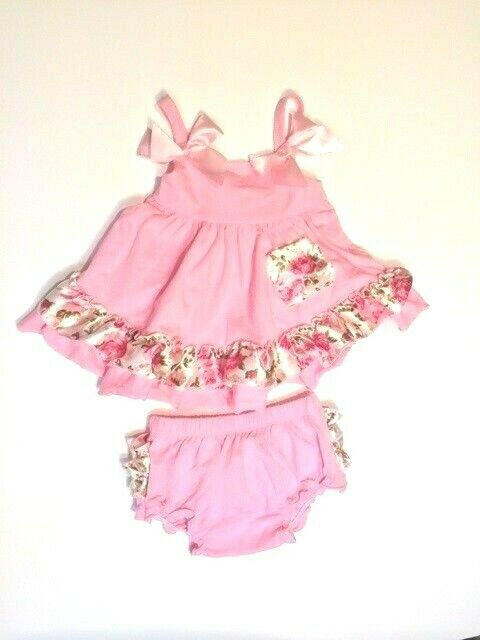 size 1 Year toddler girls top & bloomers pink floral ruffle top & bloomers - MARIGOLD