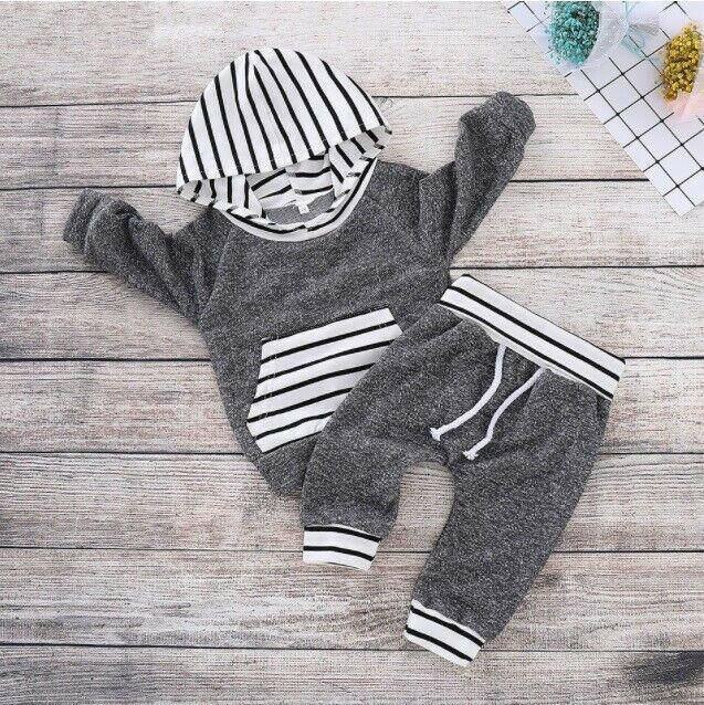 Baby Boys Clothing Dark Grey Stripe Hoodie and Pants Set - MARIGOLD