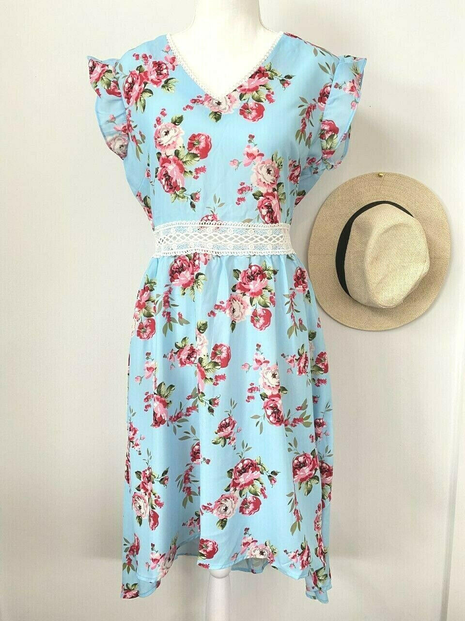Size 10 AU New Womens Dress Light Blue Pink Floral High-Low Flutter Sleeve Dress - MARIGOLD
