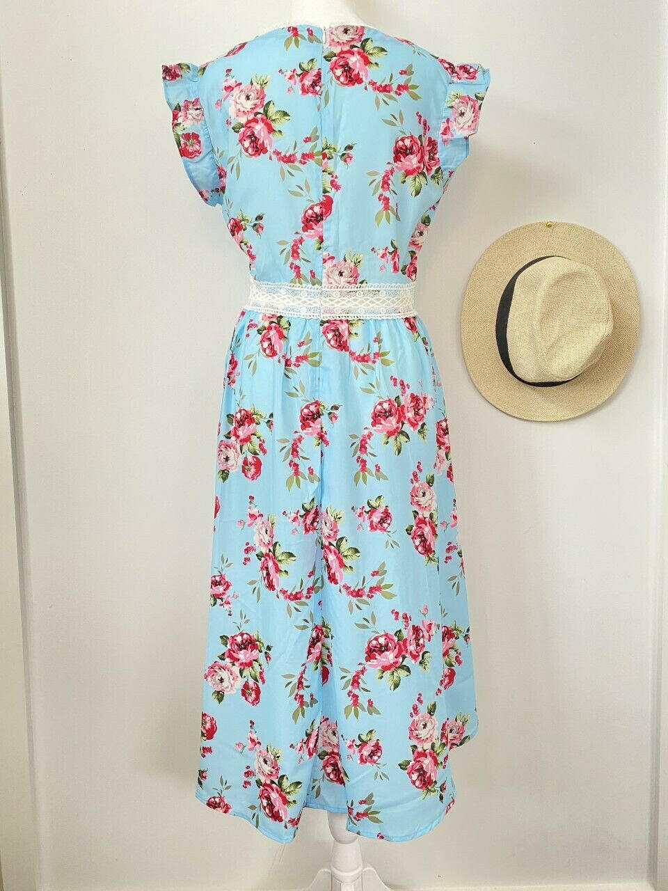 Size 10 AU New Womens Dress Light Blue Pink Floral High-Low Flutter Sleeve Dress - MARIGOLD