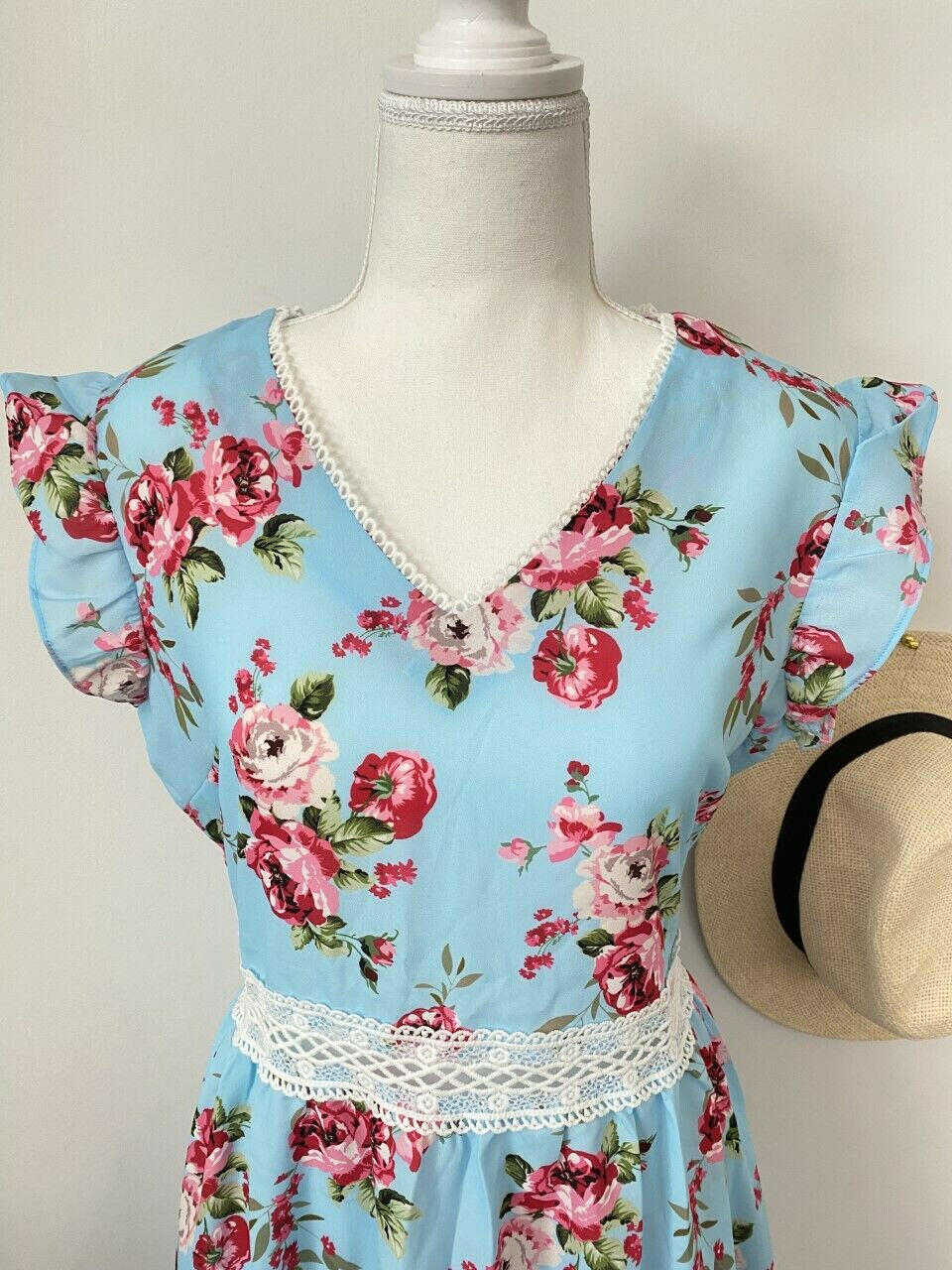 Size 10 AU New Womens Dress Light Blue Pink Floral High-Low Flutter Sleeve Dress - MARIGOLD