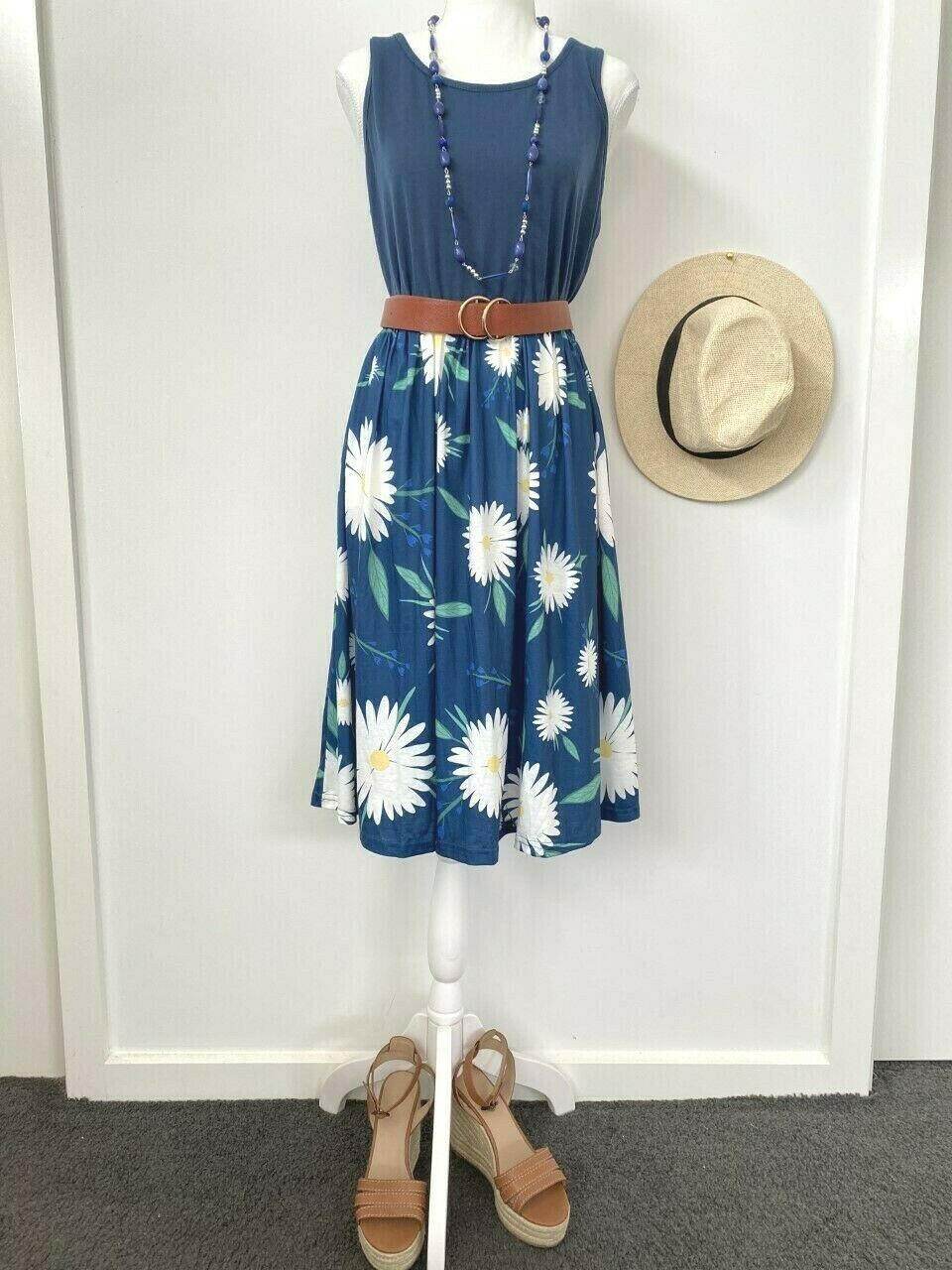 size 12 AUS new womens dress navy blue white daisy floral tank dress - MARIGOLD