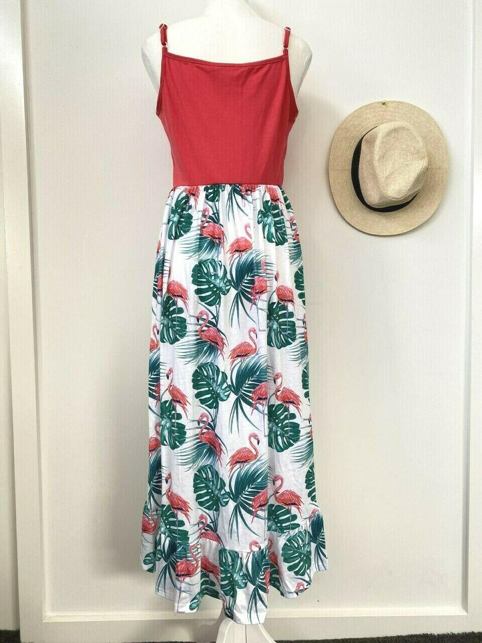 size 12 AUS new womens dress red pink flamingo & palms ruffle high-low dress - MARIGOLD