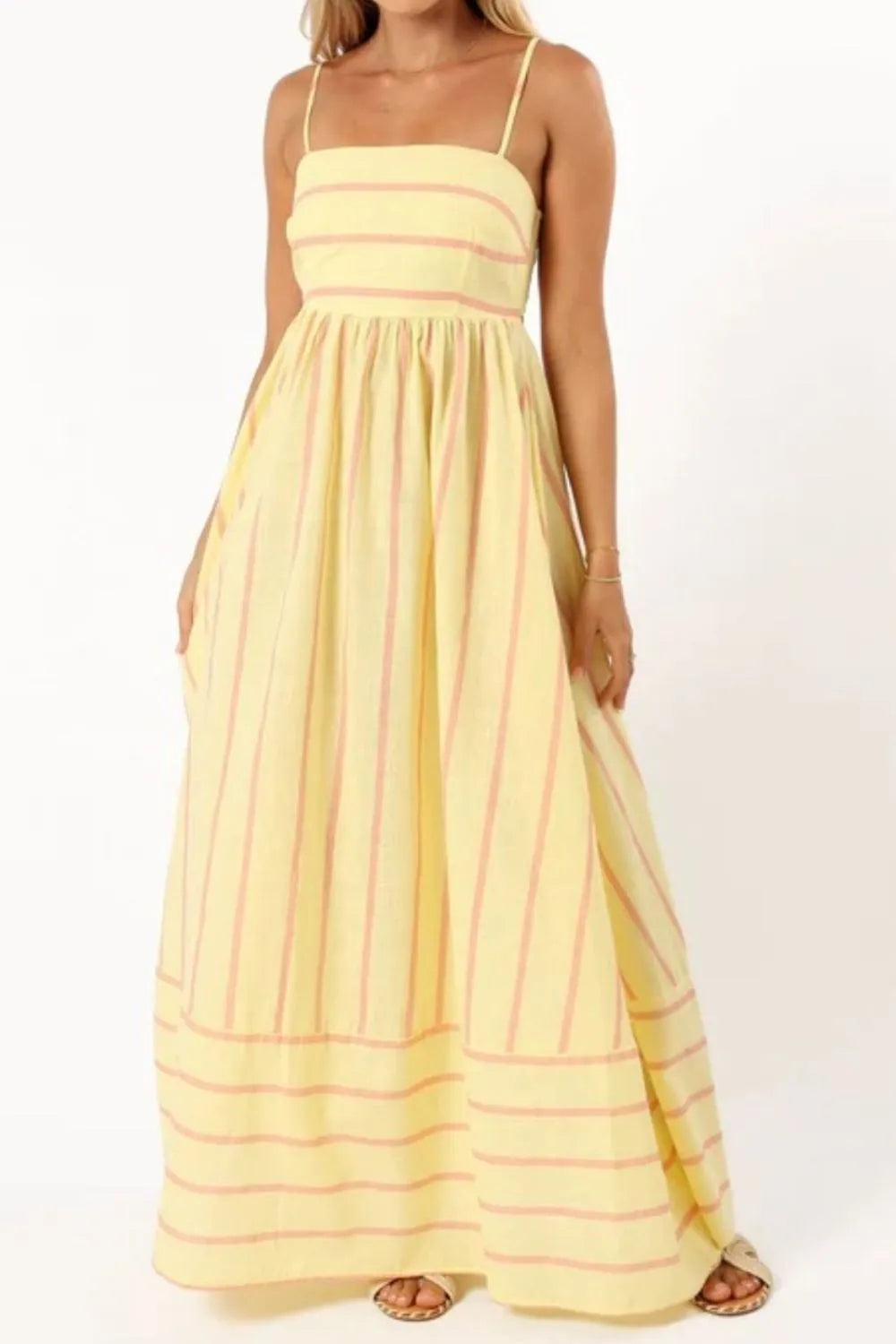 Blush pink striped square neck cami midi dress by Marigold Collections Australia, featuring a fitted bodice and flowing skirt.