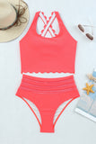 Pink Scalloped Criss Cross High Waist Bikini