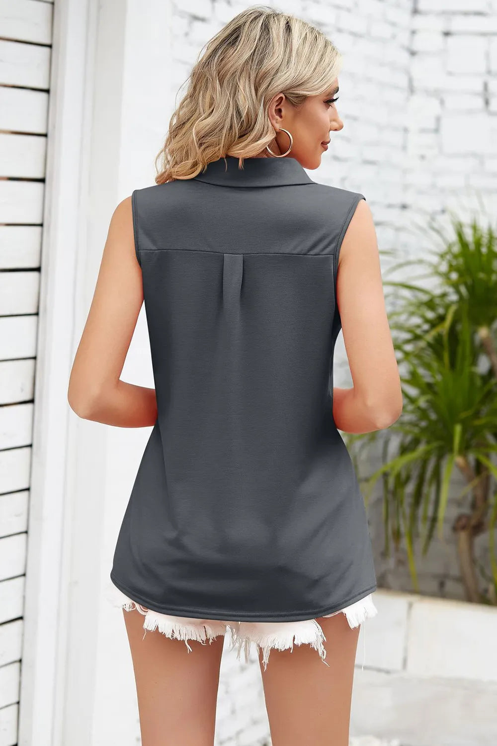 Marigold Collections Australia Johnny collar tank top, sleeveless casual top with collar detail, light fabric, neutral color.