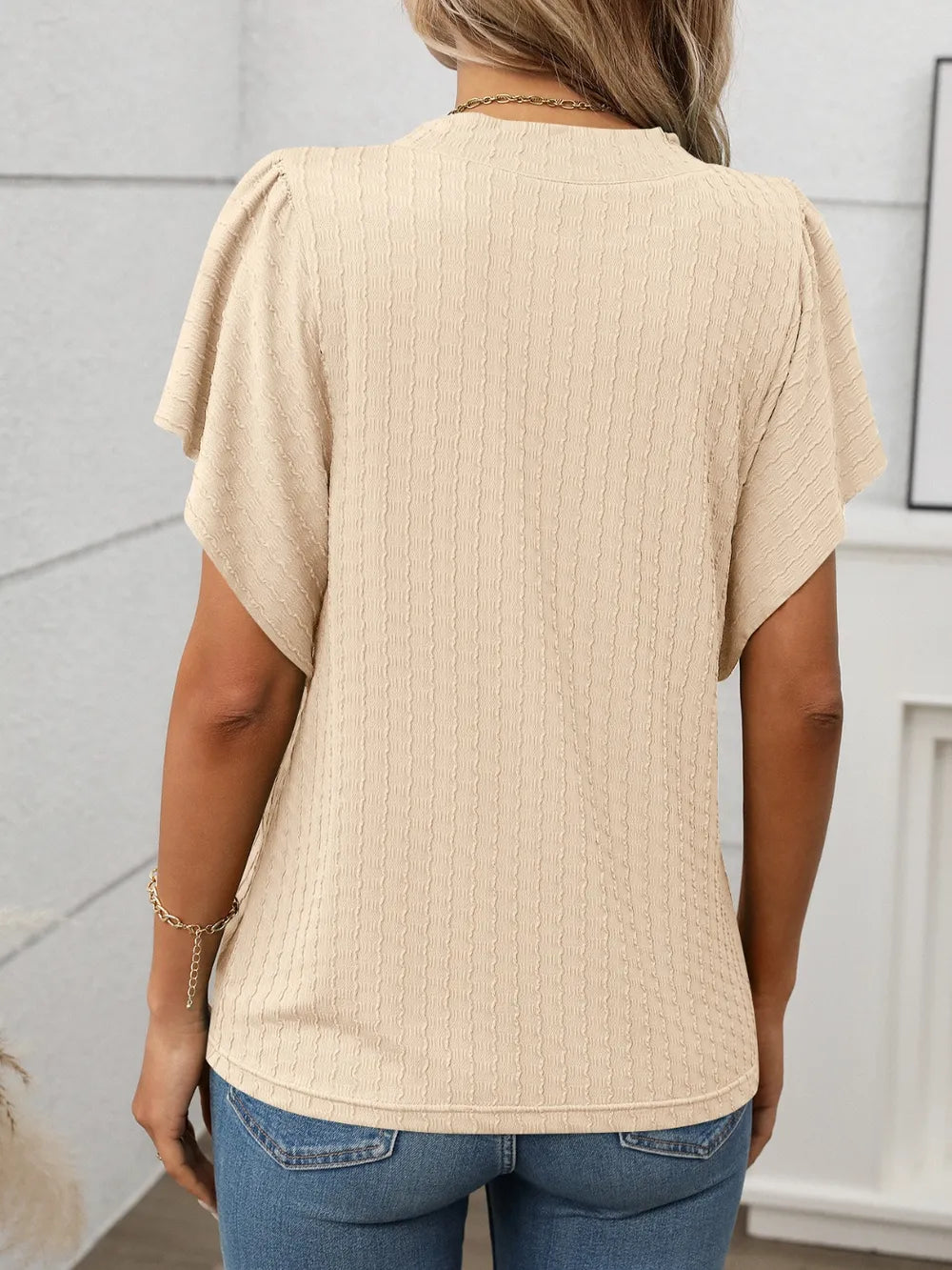 Marigold Collections Australia round neck flutter sleeve top, stylish blouse with flowy sleeves and comfortable fit, casual fashion.