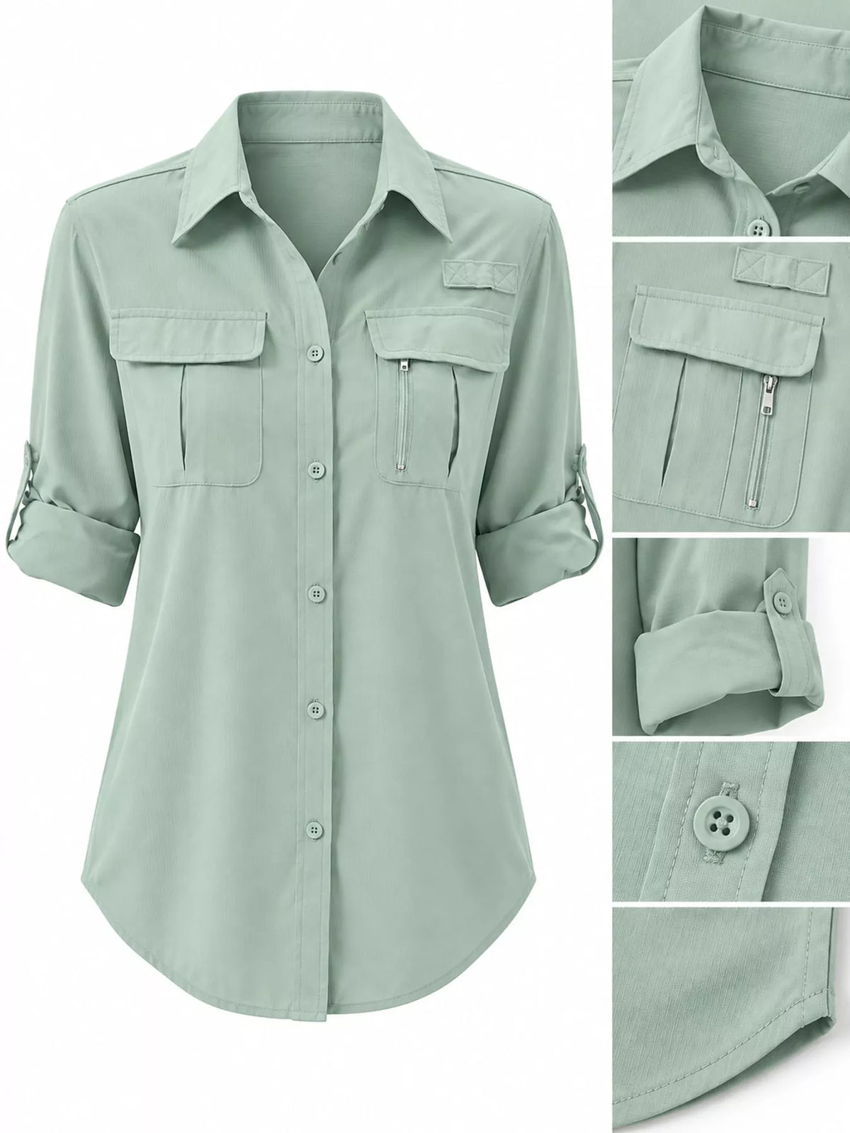 Marigold Collections Australia button-down safari shirt with roll-up sleeves, lightweight tops blouse in neutral fabric and classic style.