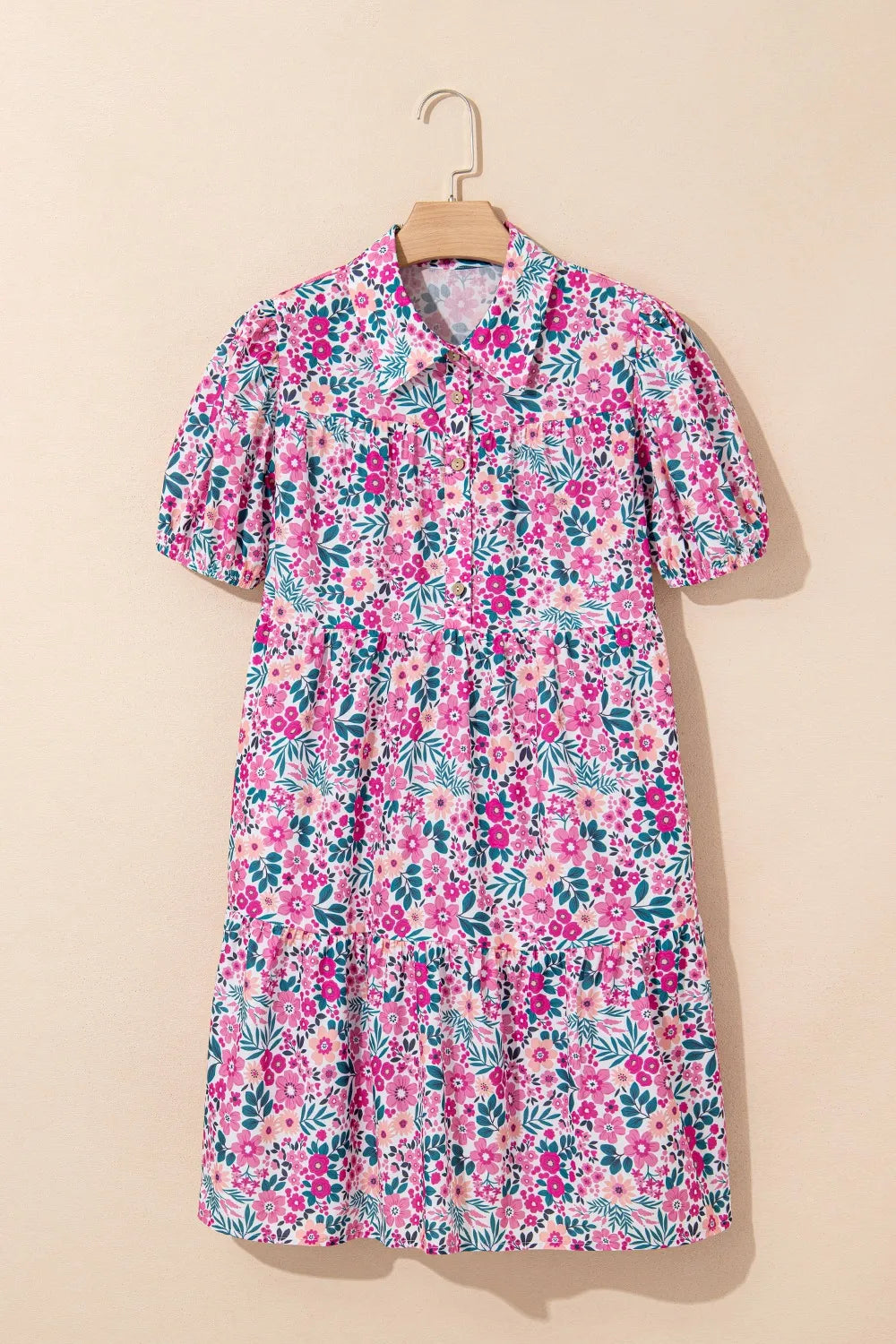 Floral short sleeve mini shirt dress by Marigold Collections Australia, featuring a vibrant floral pattern and casual fit.