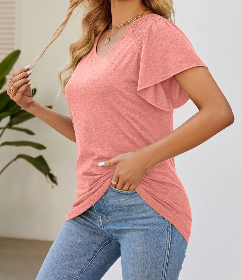 Marigold Collections Australia smocked shoulder flutter sleeve top with soft fabric and feminine design, perfect for casual or dressy wear.