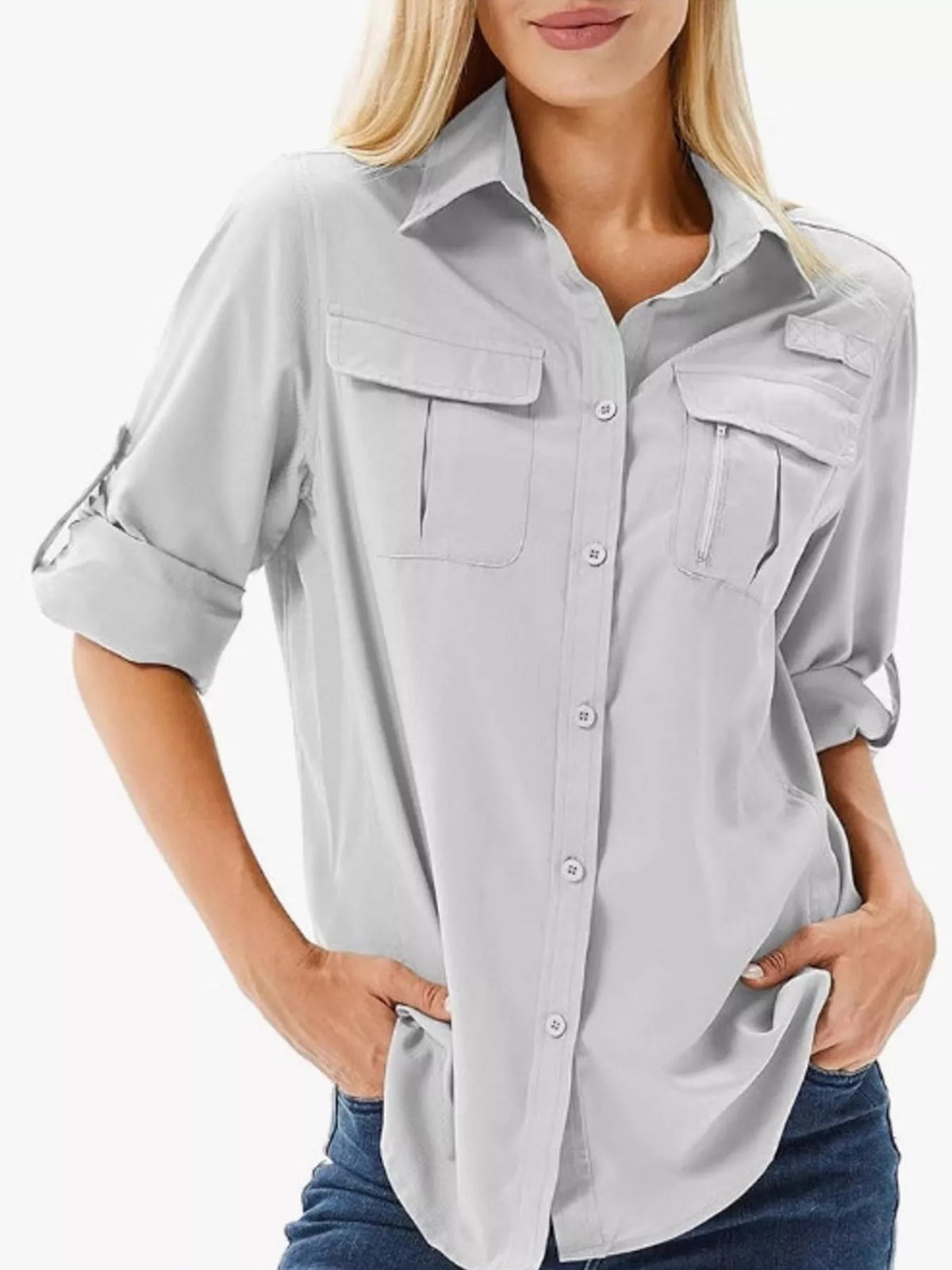 Marigold Collections Australia safari shirt with button-down front and roll-up sleeves, casual tops and blouses for outdoor style.
