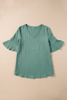 Grass Green Ruffled Half Sleeve V Neck Textured Top