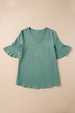 Grass Green Ruffled Half Sleeve V Neck Textured Top