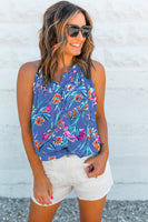 Sky Blue Floral Print Buttoned Neckline Tank Top