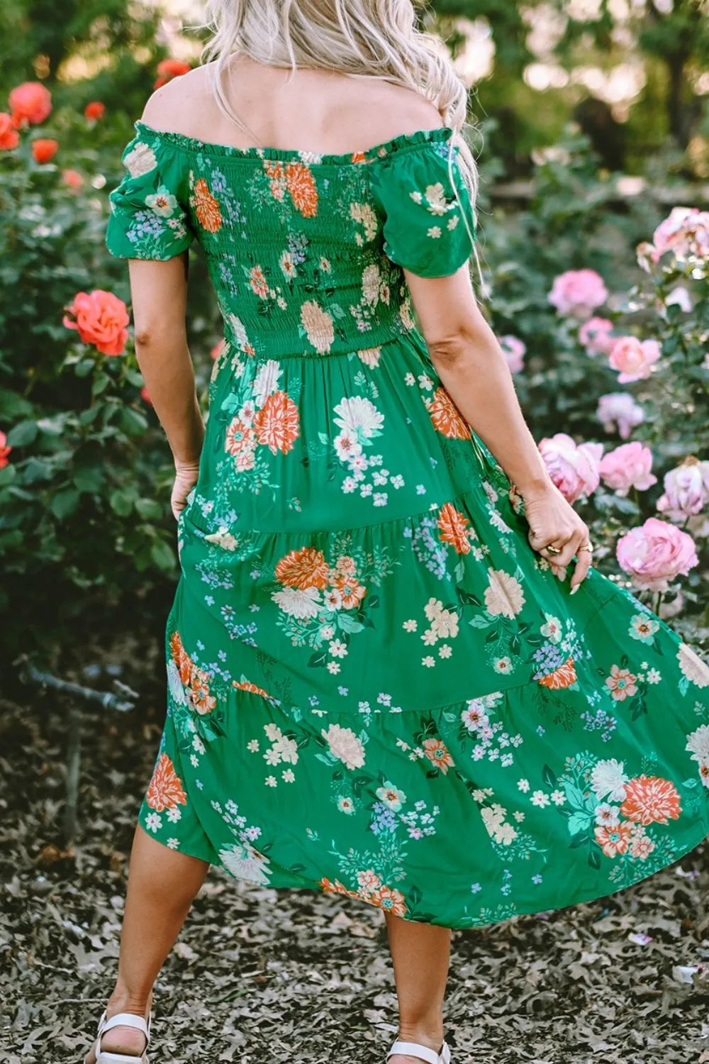 Marigold Collections Australia floral smocked midi dress with versatile on/off shoulder neckline
