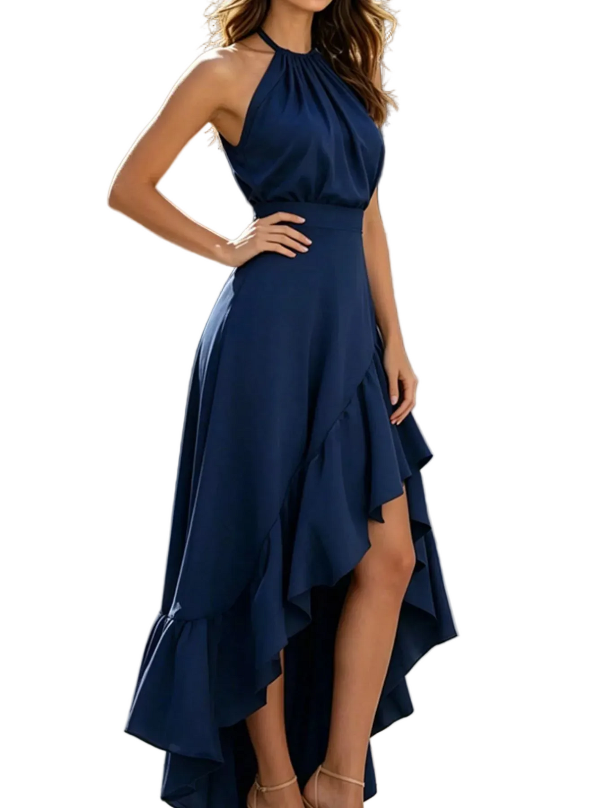 Halter Neck Ruffled High-Low Maxi Dress