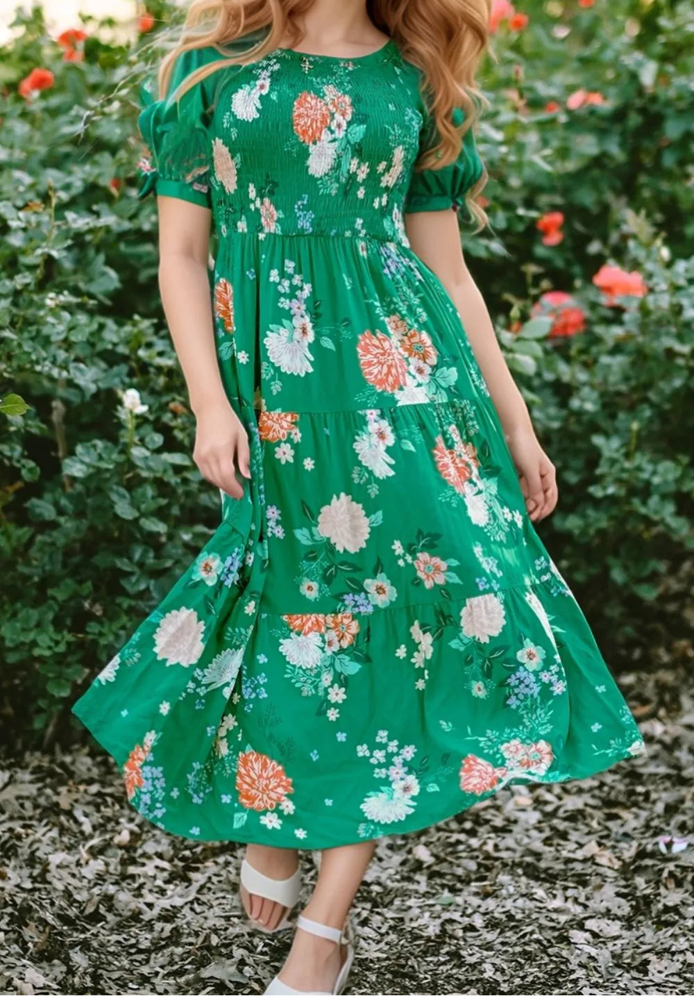 Marigold Collections Australia floral smocked midi dress with on/off shoulder neckline