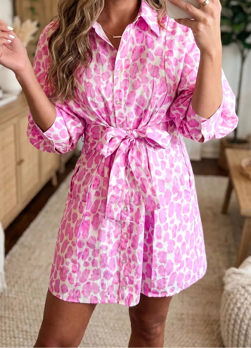 Pink Leopard Print Puff Sleeve Mini Shirt Dress