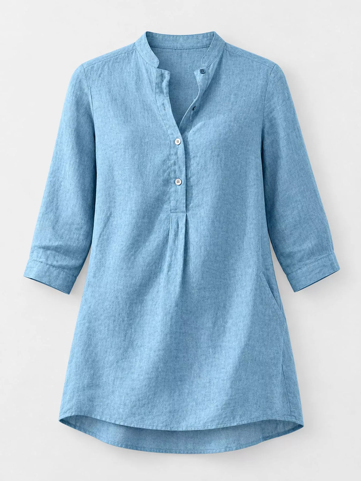 Marigold Collections Australia half button pocketed 3/4 sleeve blouse with front pockets and a relaxed fit, styled on a woman.